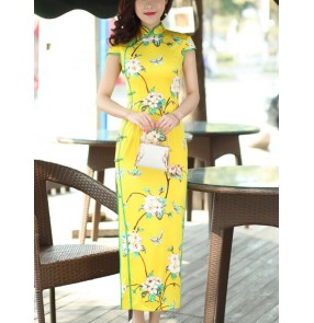 Yellow green floral printed silk material handmade short sleeves high quality  women's ladies female slim Chinese wedding party  dresses cheongsam dreses